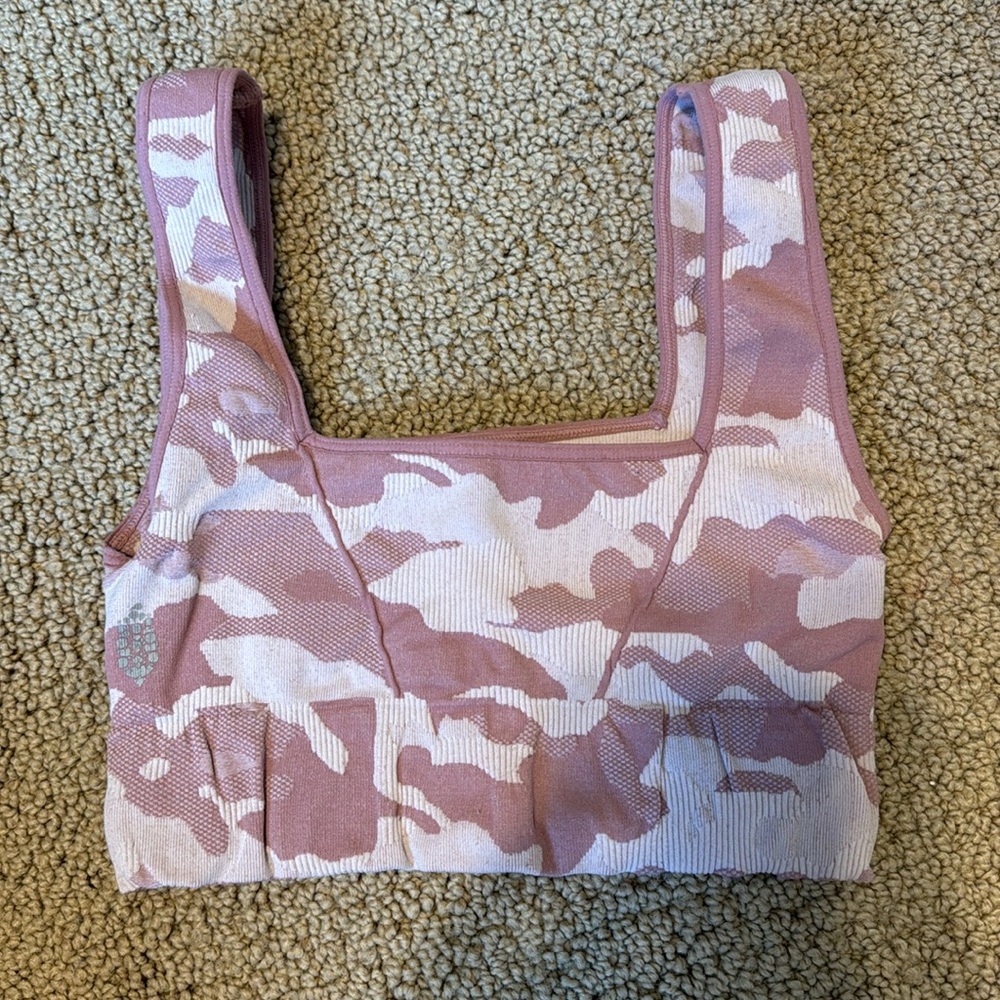 Good karma square neck bra by FP movement! Pink and white camouflage!